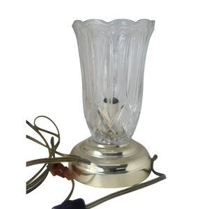 VTG 1980s Heyco Diamond Cut Glass Lamp Clear Gold Retro Table Decor Scalloped